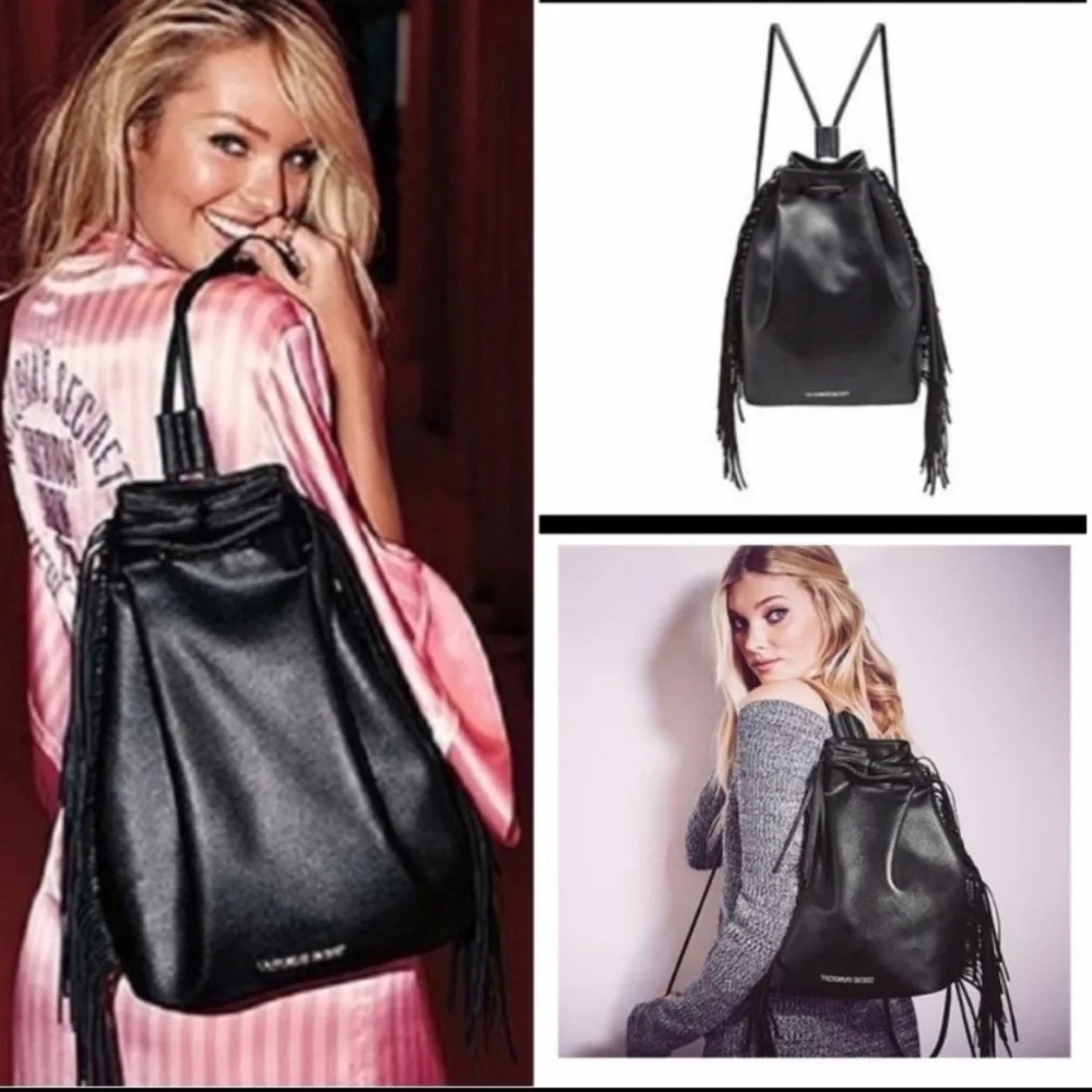 Victoria’s Secret Limited Edition Black Vegan Leather Drawstring Fringe Backpack